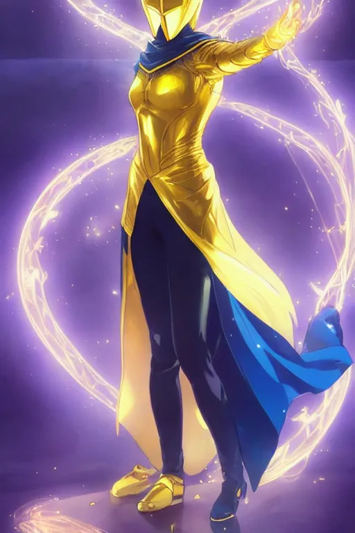 Image similar to anime key visual of a beautiful young female doctor fate!! intricate, gold and blue suit, cape, glowing, powers, dc comics, cinematic, stunning, highly detailed, digital painting, artstation, smooth, hard focus, illustration, art by artgerm and greg rutkowski and alphonse mucha