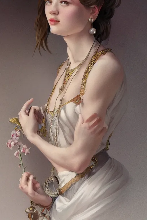 Image similar to pearl with a girl earring, intricate, elegant, highly detailed, digital painting, artstation, concept art, smooth, sharp focus, illustration, art by artgerm and greg rutkowski and alphonse mucha