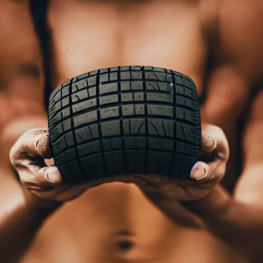 Prompt: car, bodybuilder, woman, holding, photo, digital art, hands, underbody, throw, tire, standing, street