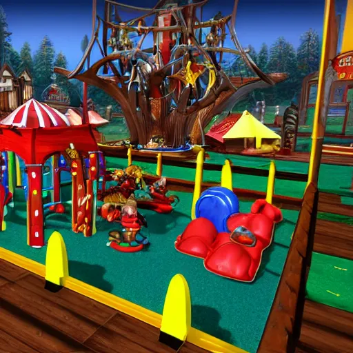 Image similar to gameplay screenshot of a mcdonald's playplace in elden ring