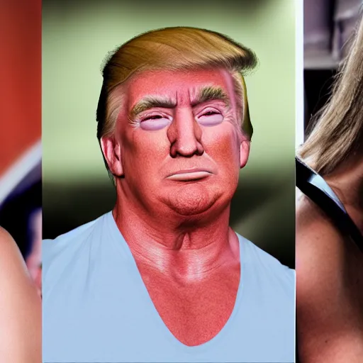 Image similar to uhd, high resolution photography of woman, genetic combination of hulk hogan and donald trump face and upper body, body focus