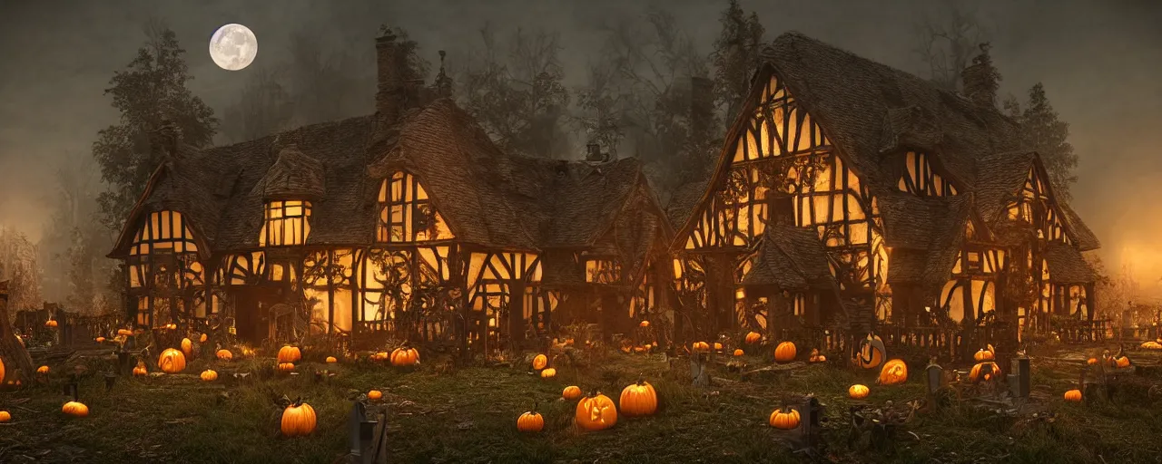 Image similar to a highly detailed old english tudor cottage in a scary pumpkin patch and graveyard, volumetric, fall colors, night, dead tree forest, pumpkins, moon, photorealistic, insanely detailed and intricate, epic scene, volumetric haze, hyper realistic, elegant, ornate, elite, horror, creepy, ominous, haunting, cinematic lighting, unreal engine, symmetrical, cinematic centered camera, high detail