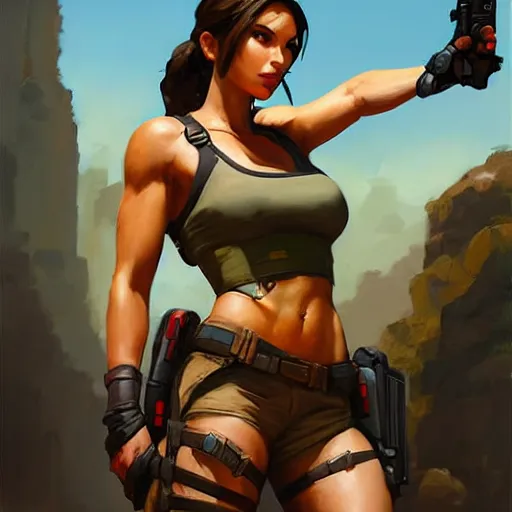 Image similar to Greg Manchess portrait painting of Lara Croft as Overwatch character, medium shot, asymmetrical, profile picture, Organic Painting, sunny day, Matte Painting, bold shapes, hard edges, street art, trending on artstation, by Huang Guangjian and Gil Elvgren and Sachin Teng