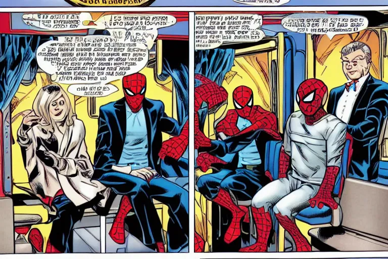 Image similar to spider man and spider man sitting in a train talking about the new marvel movie, as a panel of a Marvel comic