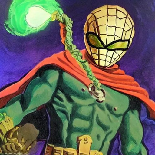 Image similar to Mysterio holding brush, artwork by Bob Ross,