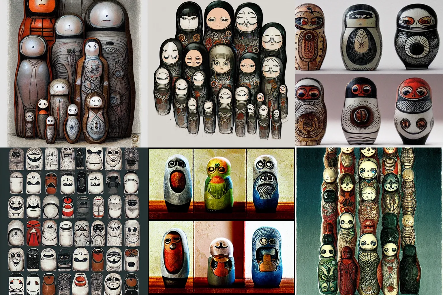 Prompt: aligned nesting dolls, by h. r. giger and tony sandoval.