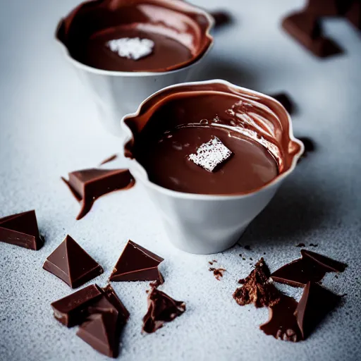 Image similar to extremely delicious looking photo of beautiful sweet melted chocolate in fancy stylish cup, very expensive top quality product, michelin star, most perfect desert on the world, small manufacture, unique style, 8 k, product photography, professional studio photography