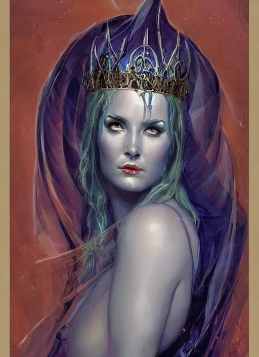 Prompt: portrait of mighty plump female sorceress, blue tiara and veil, lightning halo, strong line, muted color, beautiful! coherent! by brom