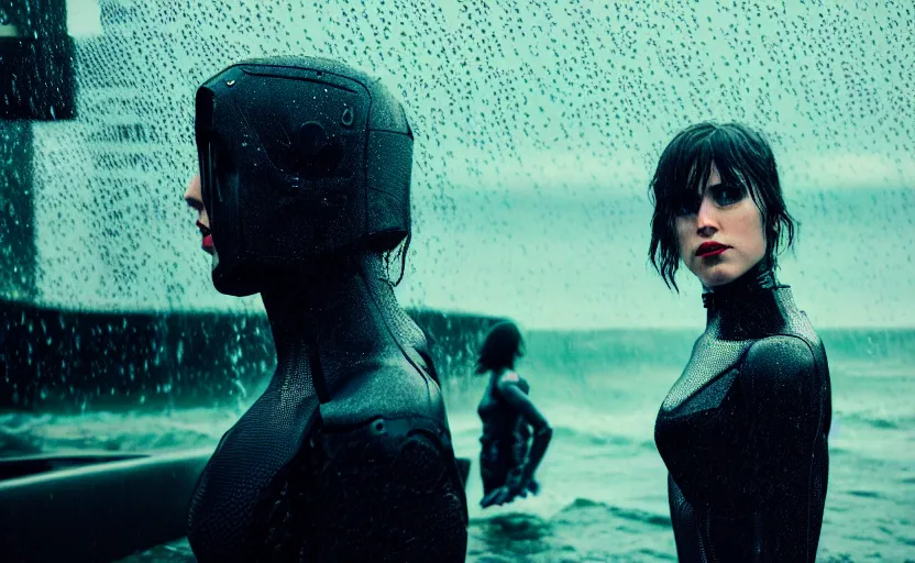 Prompt: cinestill 5 0 d candid action photographic portrait by quentin tarantino of two loving female androids wearing rugged black mesh techwear in treacherous waters, extreme closeup, modern cyberpunk tesla retrofuturism moody emotional cinematic, pouring iridescent rain, 8 k, hd, high resolution, 3 5 mm, f / 3 2, motion blur, ultra realistic faces, ex machina
