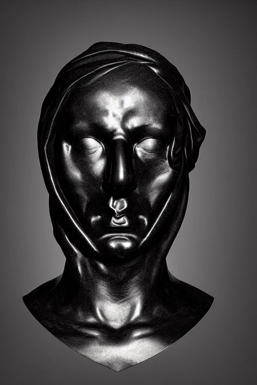 Image similar to polished black marble bust of a man with half skull statue hiding his face under a red velvet veil, sculpted by hedi xandt, epic and cinematic view, volummetric light, texturized, detailed, 8 k