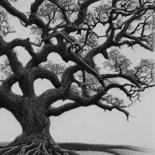 Image similar to oak tree on a hill, pencil drawing, detailed, landscape view