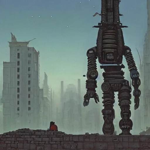 Image similar to mayan cyberpunk robot striding through streets of city, perfectly clear face, shadow of the colossus screenshot by j. c. leyendecker, simon stalenhag, studio ghibli, and beksinski