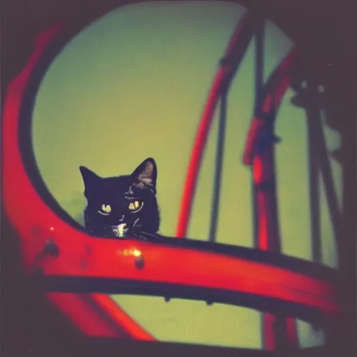 Image similar to black cat in a rollercoaster. the cat is enjoying the ride. sunlight. polaroid photo. saturated colors.