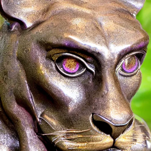 Image similar to Bronze Jaguar sculpture with glowing purple eyes