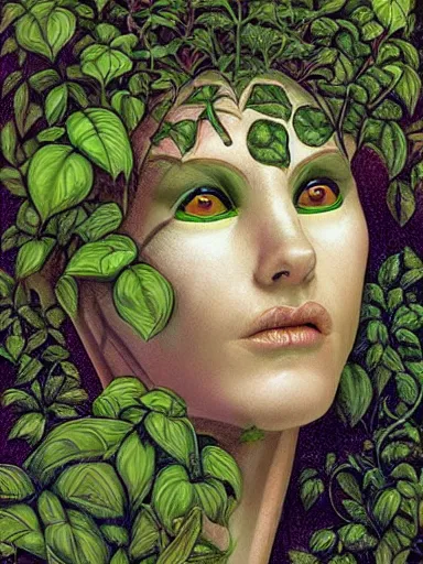 Prompt: The Hanging-Gardens of Pareidolia, lobelia, ivy, verbena and pothos growing facial features and optical-illusions, aesthetic!!!!!!!!!!, by Chris Tulloch McCabe in the style of Gerald Brom,