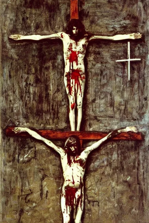 Prompt: bloody christ crucified and some mushrooms on the floor painted in by cy twombly and andy warhol