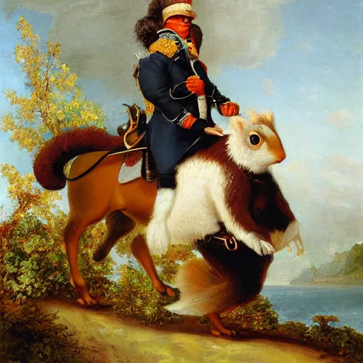 Image similar to a giant fluffy squirrel carrying napoleon bonaparte on its back, beach scene, flowers and foliage, detailed oil painting