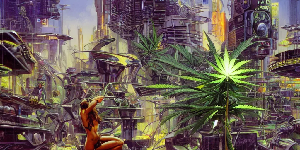 Prompt: Cannabis pot in a futuristic cyberpunk Australian town. By Boris Vallejo, highly detailed