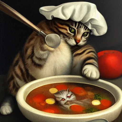 Image similar to the cat cooks soup, stirring a pot with a ladle, oil painting, drawn by Leonardo Da Vinci, trending in Artstation, artstationHD, 4k