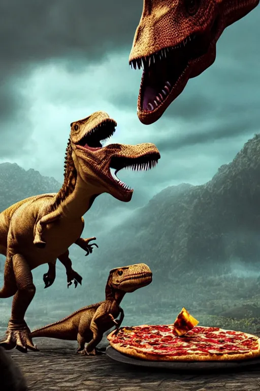 Image similar to dinosaur dance party with pizza, dramatic lighting, cinematic, establishing shot, extremely high detail, foto realistic, cinematic lighting, post processed, concept art, high details, cinematic, 8k resolution, beautiful detailed, photorealistic, digital painting, artstation, concept art, smooth, sharp focus, artstation trending, octane render, unreal engine