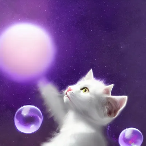 Prompt: concept art, digital art, matte painting, award winning on Artstation. A white cat sitting in a purple garden on an Exoplanet where the sky is full bubbles