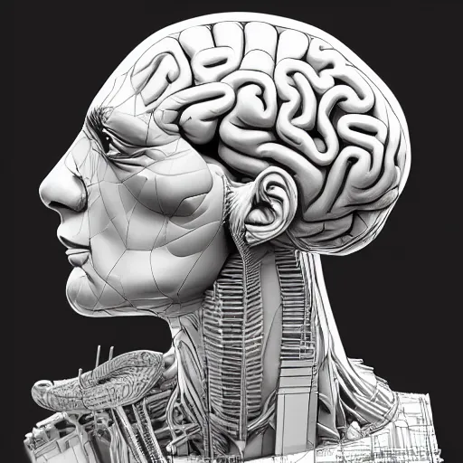 Prompt: a statue constructing a mind / brain piece by piece, highly detailed, artstation, smooth, sharp focus, clean shaped colored illustration by kim jung gi, leonardo davinci, mc escher, moebius, cyberpunk