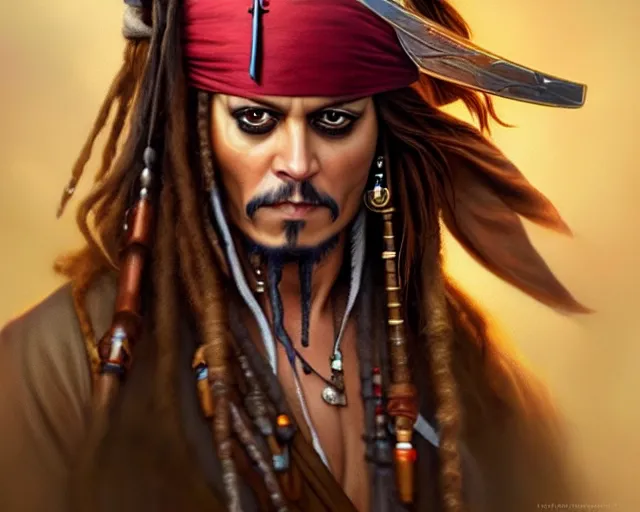 Prompt: captain jack sparrow with a smirk, photography of kurzgesagt, deep focus, d & d, fantasy, intricate, elegant, highly detailed, digital painting, artstation, concept art, matte, sharp focus, illustration, hearthstone, art by artgerm and greg rutkowski and alphonse mucha