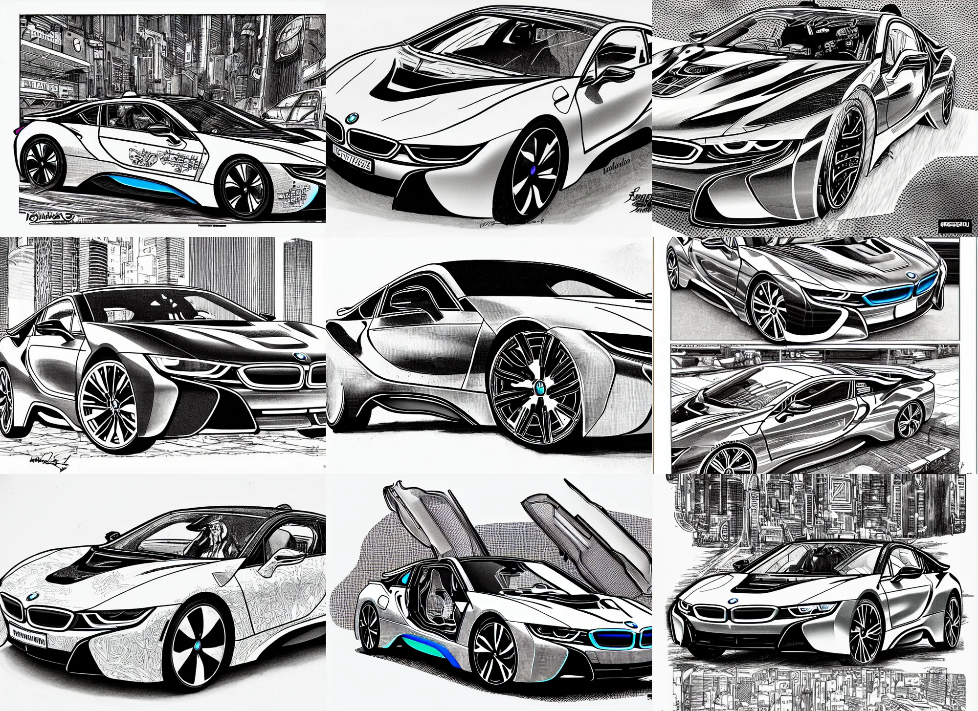 Prompt: bmw i 8, cyberpunk 2 0 2 0 manual, by steampoweredmikej, inktober, ink drawing, black and white, coloring pages, manga, highly detailed