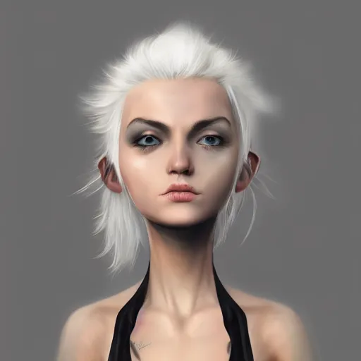 Image similar to Young woman, white hair, black eyes, pointy ears, pale skin, trending on artstation