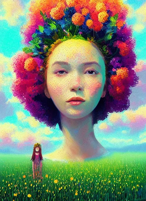 Prompt: girl with flower head, in a field with flowers, hills, big trees, sunrise dramatic light, impressionist painting, colorful clouds, digital painting, pointillism, artstation, simon stalenhag, flower head