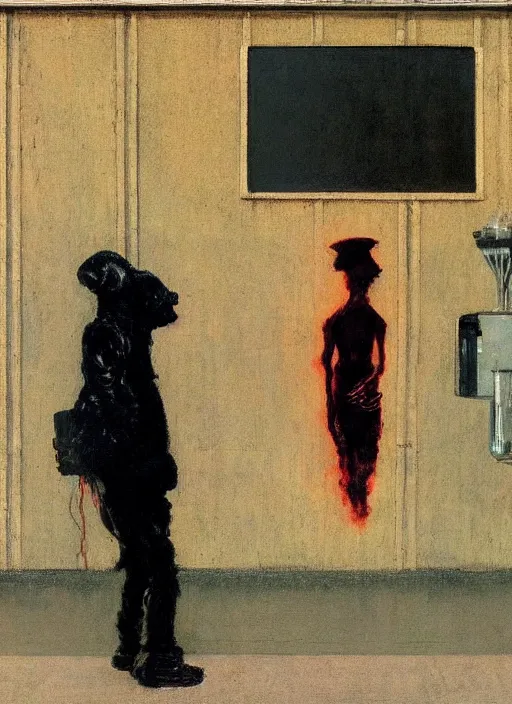 Image similar to two figures and a black dog at gas station with portable oxygen tank in the style of Francis Bacon and Zdzislaw Beksinski, Edward Hopper and Norman Rockwell, highly detailed, very coherent, triadic color scheme