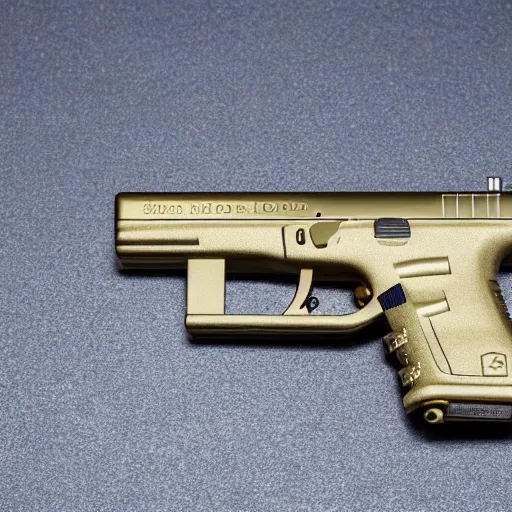 Image similar to an sls 3 d printed golden and silver glock 1 9. 8 0 mm lens, f 1. 8.