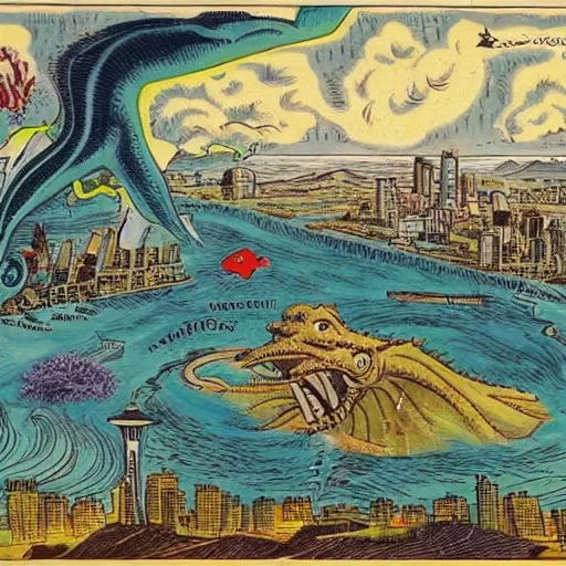 Image similar to a sea monster destroying the city of seattle, flames
