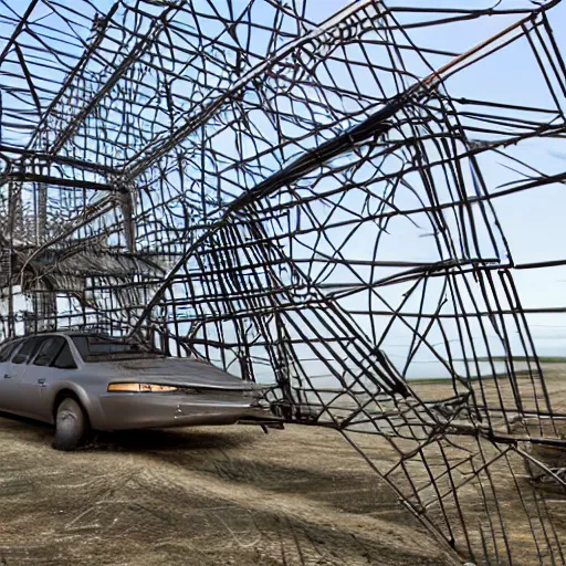 Prompt: wireframe car driving down a truss bridge on only 2 tires