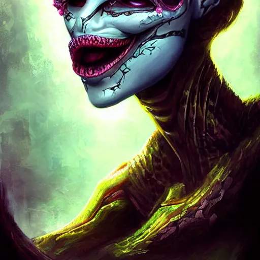 Image similar to snake-face lady, snake-face lady, snake-face lady, epic fantasy digital art, fantasy style art, fantasy hearthstone art style