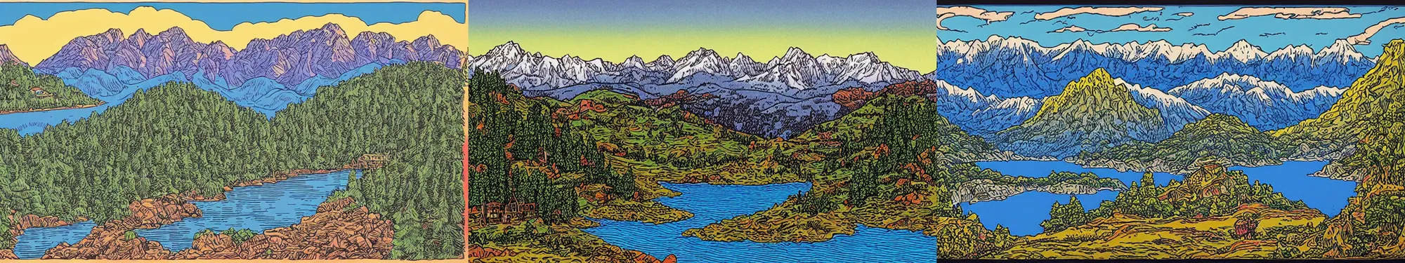 Prompt: lakeside mountains, by robert crumb