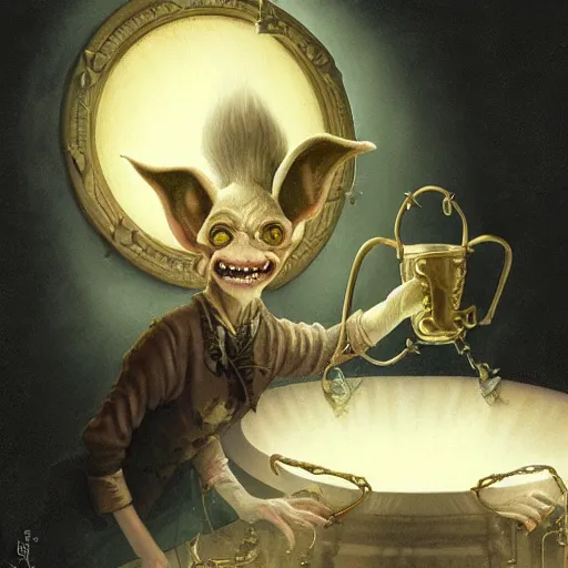 Prompt: goblin from gringotts counting gold by tom bagshaw and tad nasmith