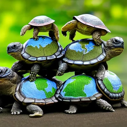 Prompt: a stack of turtles with earth on top