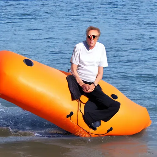 Prompt: christopher walken, rumham, inflatable boat in ocean