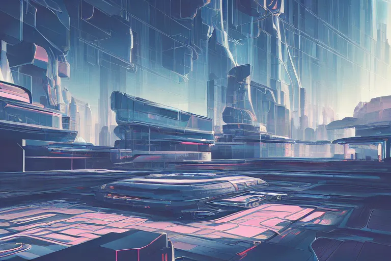 Image similar to soft clean chrome geometric landscape, cyberpunk, cinematic, retrofuturism, sci - fi, hyper realism, vaporwave aesthetic, extremely detailed, intricate, digital art