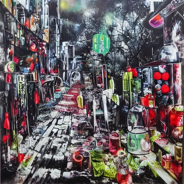 Prompt: “ a busy sidewalk in nairobi, pharmacy, street hawkers, medical supplies, pills and medicine, ikebana, herbs, a candle dripping white wax, squashed berries, berry juice drips, acrylic and spray paint and oilstick on canvas, surrealism, neoexpressionism ”