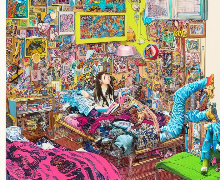 Image similar to highly detailed colorful illustration of a teenager in her room in the 9 0's, clean shaped illustration by kim jung gi, ron english and eiichiro oda