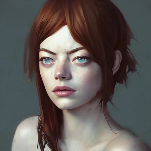 Image similar to a highly detailed epic cinematic concept art CG render digital painting artwork: Emma Stone. By Greg Rutkowski, Ilya Kuvshinov, WLOP, Stanley Artgerm Lau, Ruan Jia and Fenghua Zhong, trending on ArtStation, subtle muted cinematic colors, made in Maya, Blender and Photoshop, octane render, excellent composition, cinematic atmosphere, dynamic dramatic cinematic lighting, precise correct anatomy, aesthetic, very inspirational, arthouse