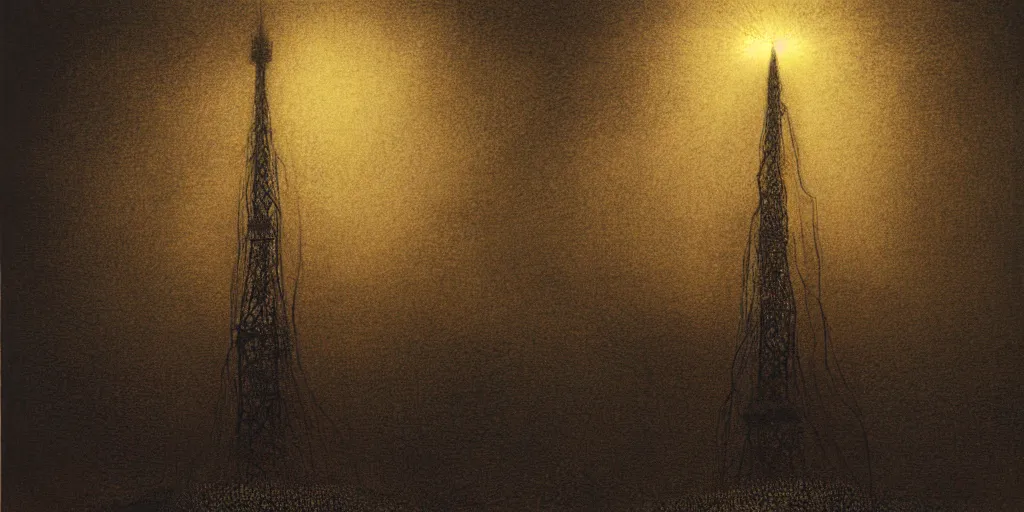 Prompt: A tower connected with cables, shining light, rays of light, by beksinski, shining light, high clouds, fog, Award winning, pencil drawing, masterpiece, detailed illustration