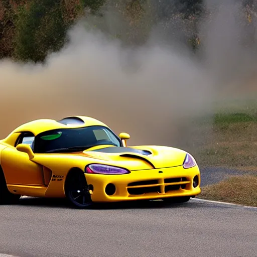 Image similar to a yellow dodge viper doing a burnout