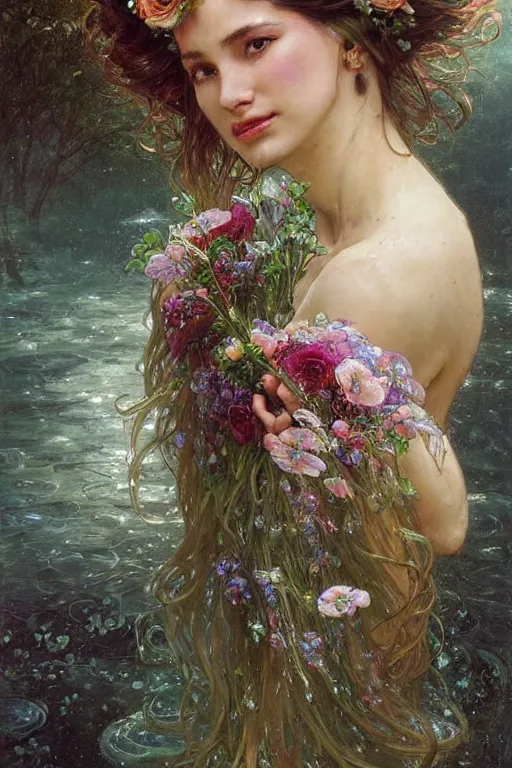 Image similar to portrait of a beautiful mysterious woman holding a bouquet of flowing flowers, wet dripping long hair, hands hidden under the bouquet, emerging from the water, fantasy, regal, intricate, by stanley artgerm lau, greg rutkowski, thomas kindkade, alphonse mucha, loish, norman rockwell