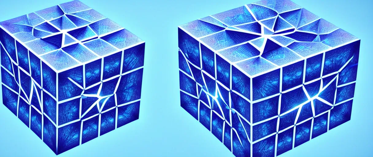 Image similar to hyperrealistic 3d render intricate metatron's cube rotating iridescent escher dali octane moody blue lighting low angle hd 8k sharp shallow depth of field