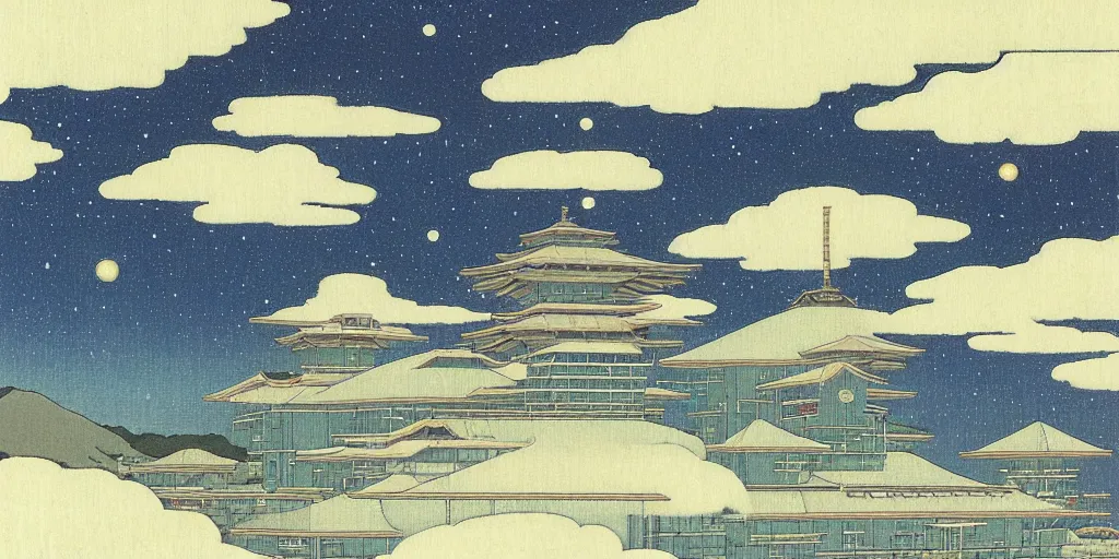 Image similar to a space station by kawase hasui. hd