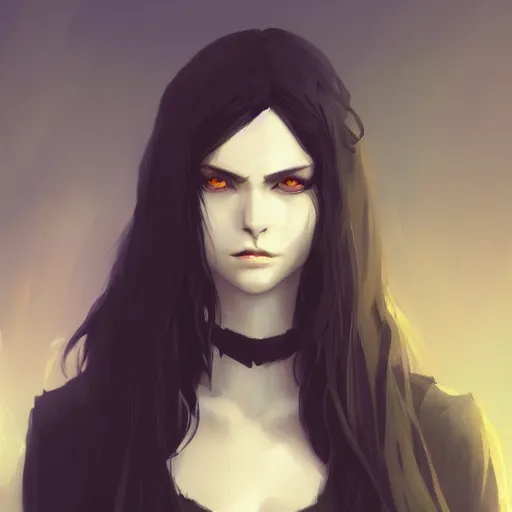 Image similar to female human vampire witch in the style of greg rutkowski, makoto shinkai, trending on artstation, character design, concept art, pretty face, highly detailed, long black hair, portrait, digital art