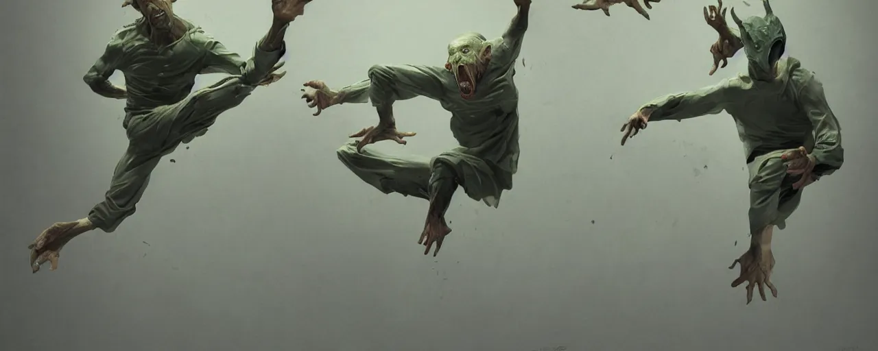 Image similar to duotone olive green grey illustration 3 / 4 portrait of gollum doing kunfu air kicks. dynamic chaotic composition accidental renaissance golden ratio. by sachin teng and sergey kolesov and ruan jia and heng z. graffiti art, scifi, fantasy, hyper detailed. octane render. concept art. trending on artstation